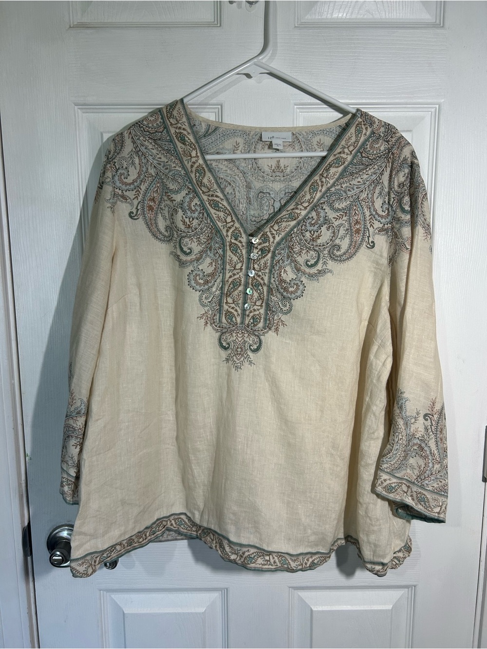 J. Jill Love Linen paisley buttoned V-neck Size XL Cream tunic 3/4 sleeve - Picture 2 of 13